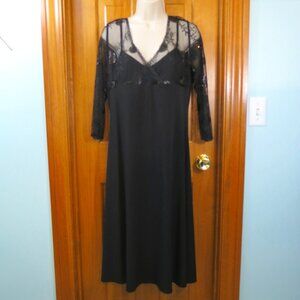 Lily Black Knit 3/4 Sheer Embroidered Sleeve Empire Waist Dress V-Neck Size XL
